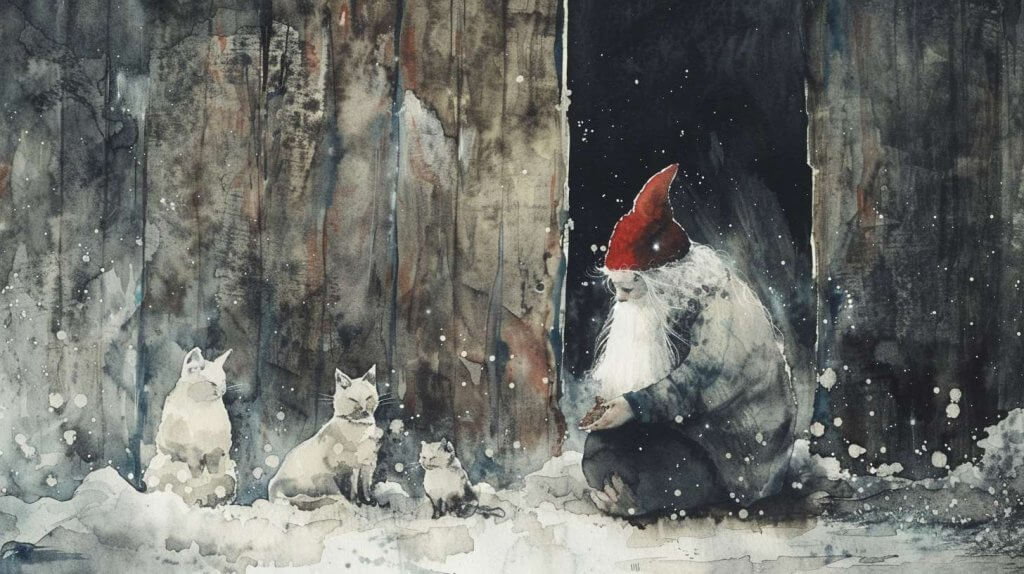 Swedish Tomte and cats in the barn