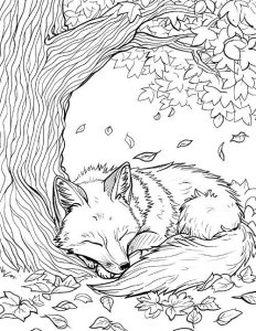 Free coloring page of fox sleeping under a tree