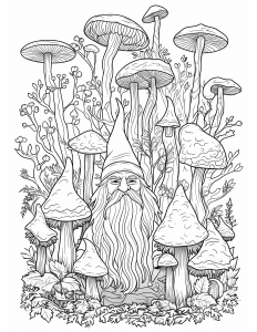 Free coloring page of gnome in a mushroom forest