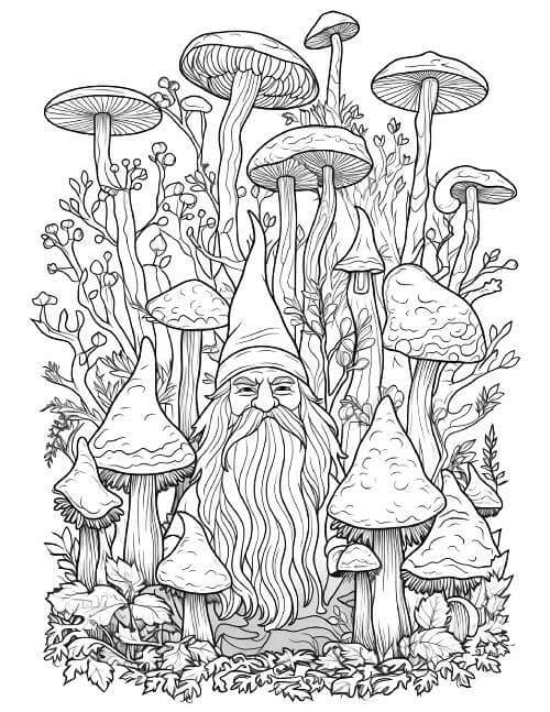 Free coloring page of gnome in a mushroom forest