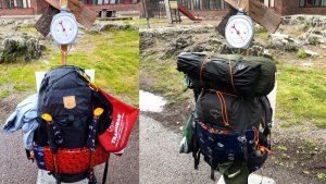 2 backpacks weighing nearly 50 pounds each